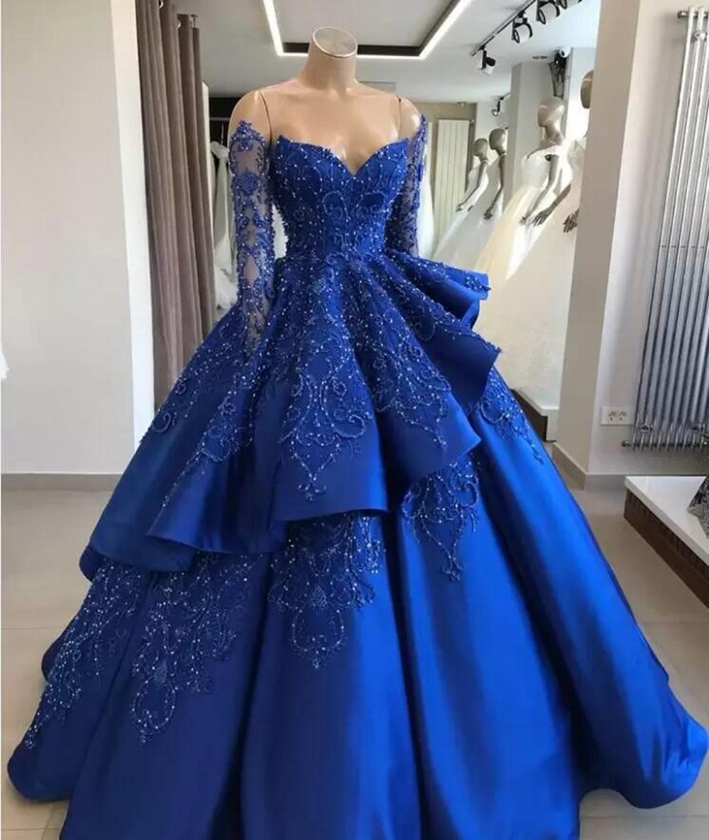 Royal Blue Ball Gown Quinceanera Dresses Off Shoulder Long Sleeves Beads Sequined Layered Vestidos De 15 Anos Sweet 16 17 Prom Gowns
