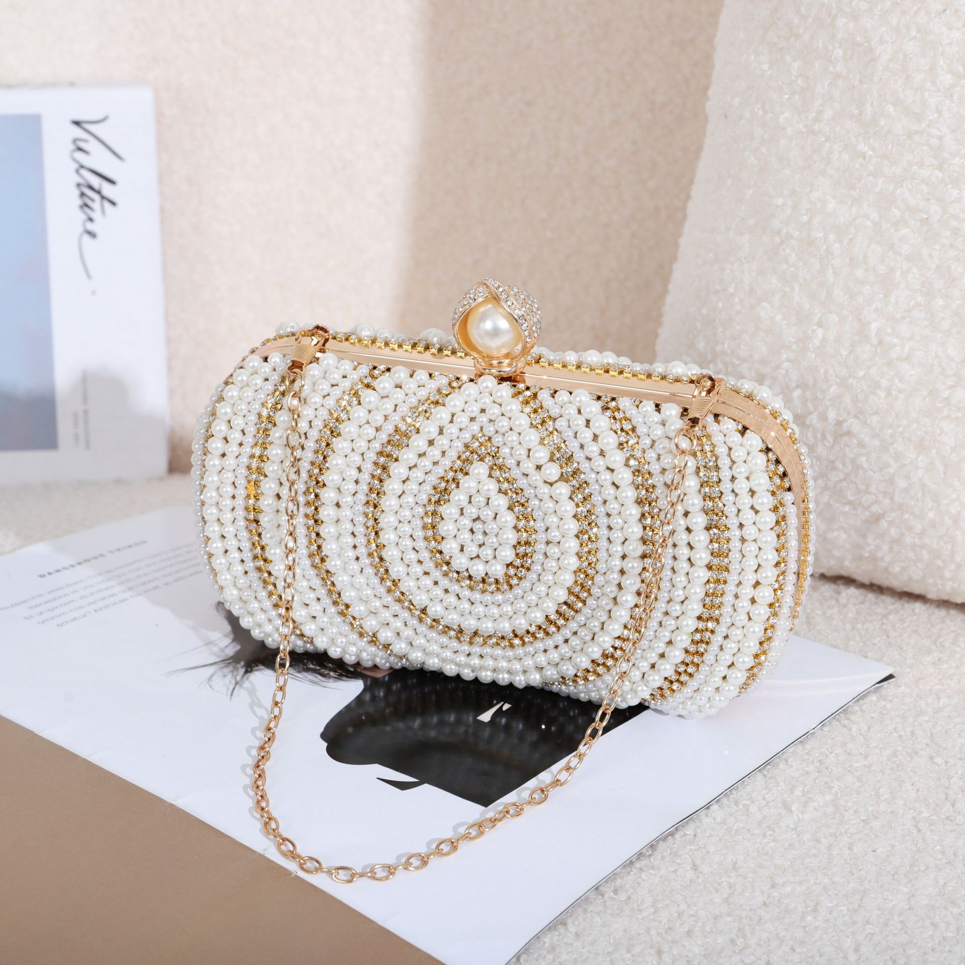 

Pearl Clutch Bridesmaid Bag Beaded Clutch Rhinestone Dinner Evening Bags Diamond Bridal, Gold