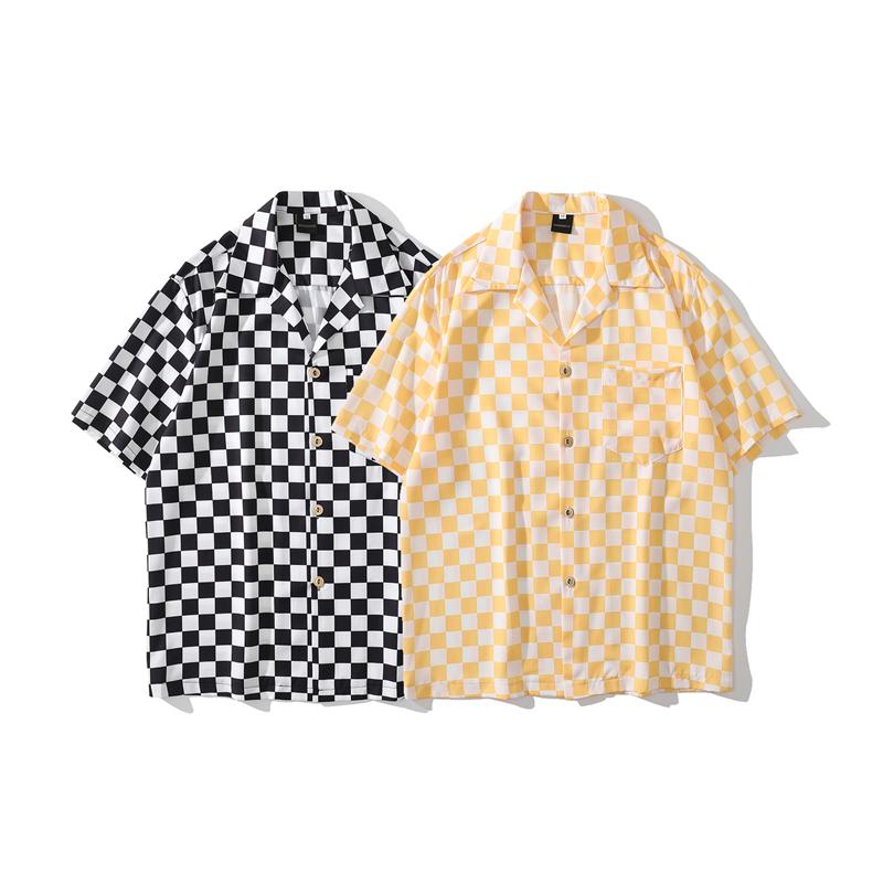 

Men's Casual Shirts Black White Checkerboard Plaid Shirt Men Harajuku Vintage Oversized Short Sleeve Korean Streetwear Chemise HommeMen's