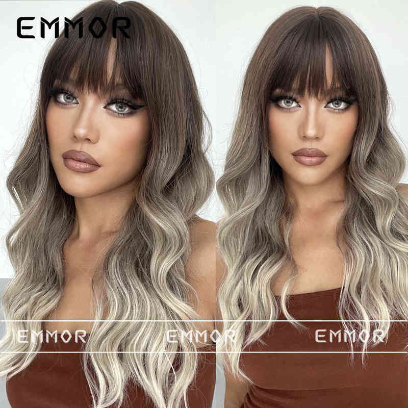 

Hair Wigs Hot Selling Air Bangs Big Waves Long Curly Hair Gradient Brown Black Multicolor Wig Female 220826, Black brown