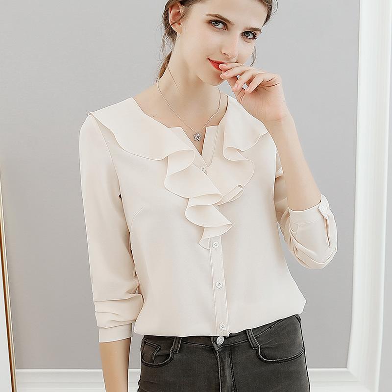 

Women' Blouses & Shirts Spring Summer Chiffon Women Shirt Office Ladies Pure Color Long Sleeves Thin Casual Blouse Female Korean Fashion To, Blue