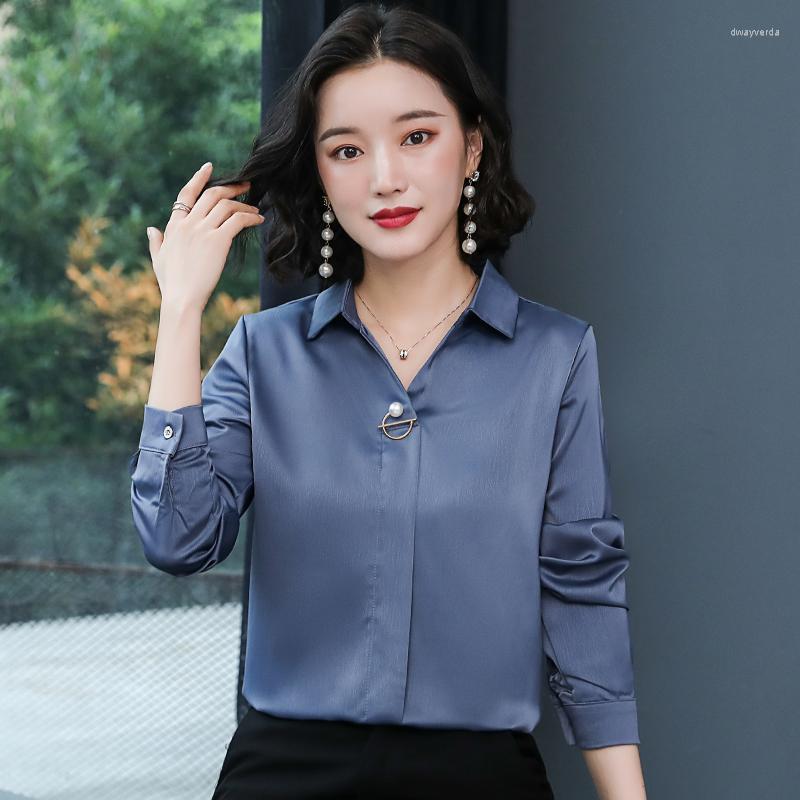 

Women' Blouses & Shirts Spring Satin Chiffon Shirt Women Korean Style Fashion Long-sleeved Loose Office Lady Blouse Top V-neck Commuter Whi, White