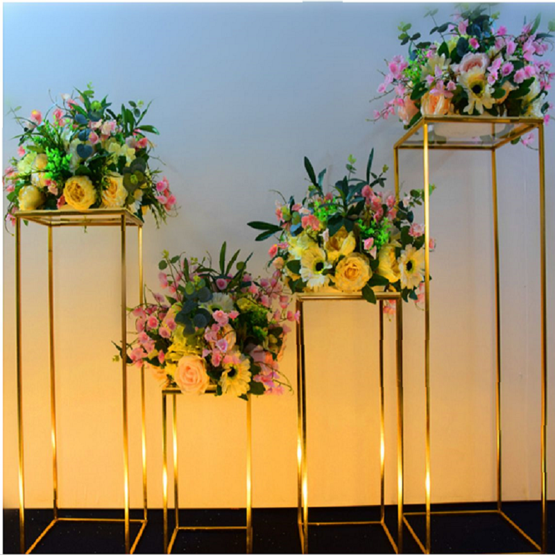 

4-8pcs Shiny Gold Iron Plinths Pillar Cake Holder Metal Frame Backdrops Wedding Centerpiece Flower Stand Home Crafts Rack Decor, As described