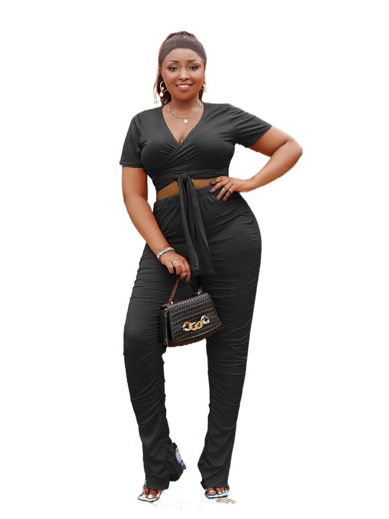 

Plus Size Dresses Ruched Knot Front Crop Top & Pants Z91B#Plus, Black