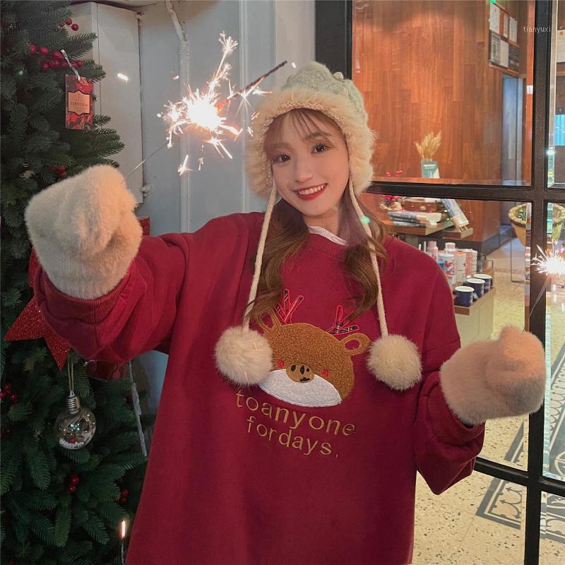 

Make Firm Offers ~ Reindeer Embroidery With Velvet Sets Thick Loose Round Collar Fleece Frock Women's Hoodies & Sweatshirts, Black