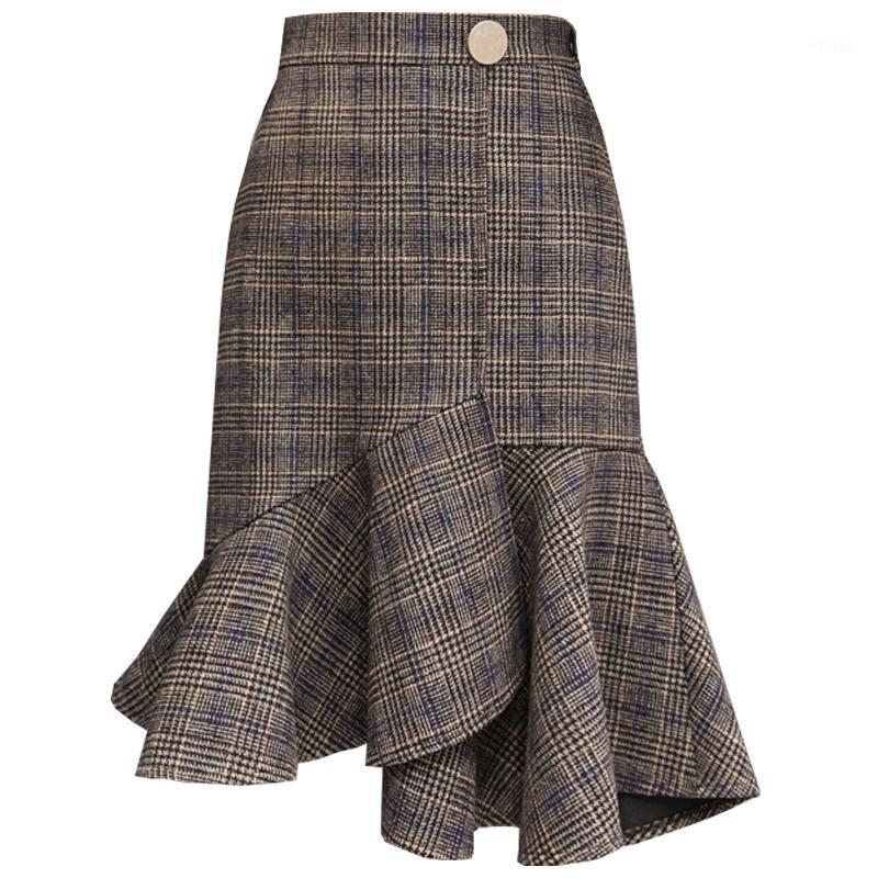

Skirts Autumn Ladies Office Wool Skirt Irregular Plaid Midi Fishtail Women OL Hip Package Ruffles Woolen, As photo