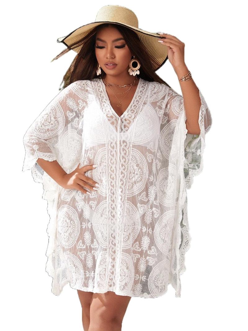

Women's Plus Size Swimwear Plain Sheer Cover Up 94fg#Women's, White