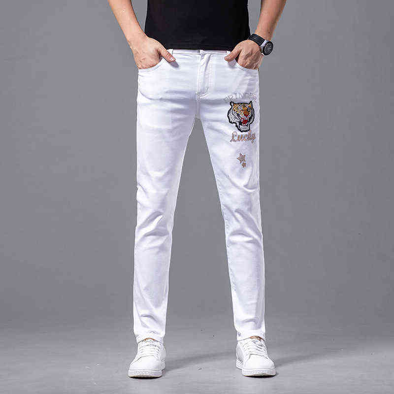 

White Cotton Jeans Men's Korean Version Small Foot Slim Fit International High-end Brand Light Luxury Embroidery