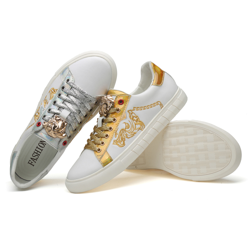 

Small White Shoes Men PU Leather Color Matching Casual Fashion Round Head Trend Personality Metal Decoration Comfortable Breathable Lace-up Shoes HM359, Clear