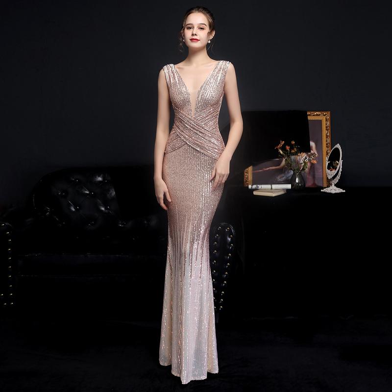 

Party Dresses V Neck Gold Sequin Evening Dress Women Elegant Maxi Long Prom 18589Party