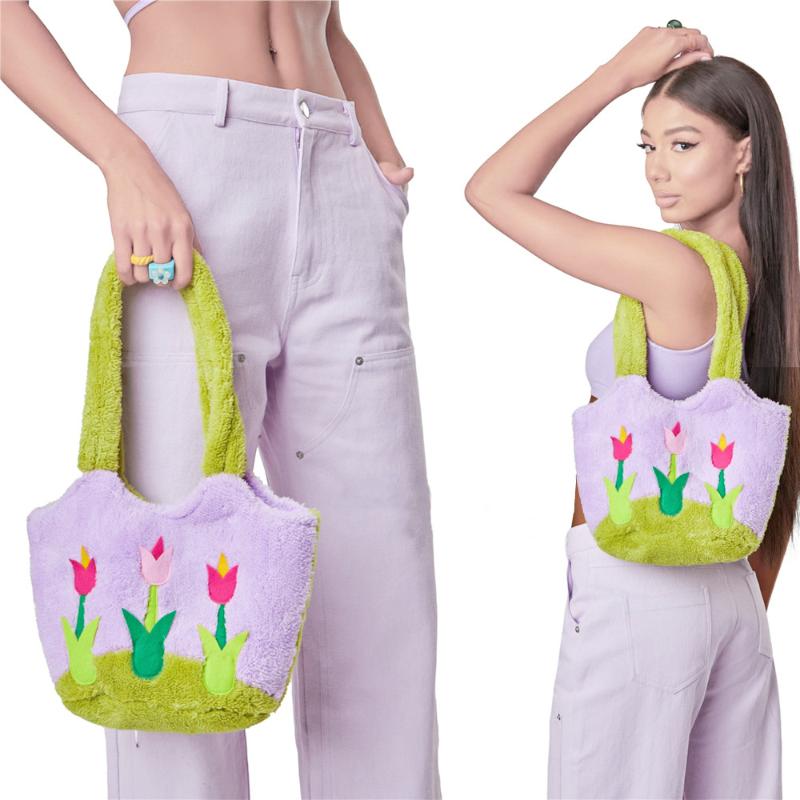 

Evening Bags Fashion Women Plush Shoulder Bag Warm Cloth Fabric Handbag Soft Canvas Tote Shopping Cute Tulip Book For Ladies PursesEvening, Plum
