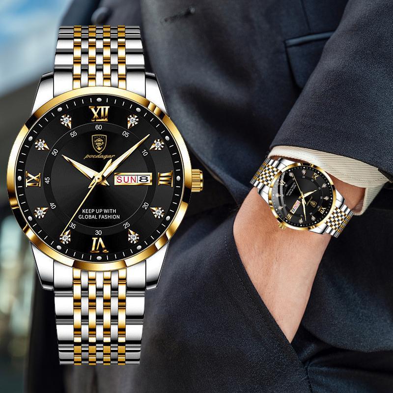 

Wristwatches POEDAGAR Men Watch Fashion Luxury Stainless Steel Wristband Quartz Wristwatch Complete Calendar Hand Glowing Sports Clock Male, S-g-be