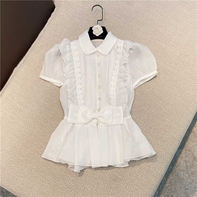 

DEAT summer fashion women clothes short sleeves oraganza single breasted short shirt female sexy top WR69601L 210709, White