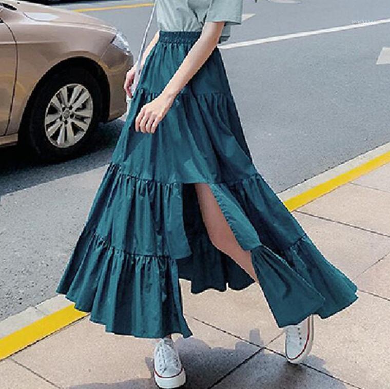 

Skirts 2022 Women Cotton Linen Long Pleated Asymmetry Maxi Beach Boho Vintage Spring Autunm 5xl 6XL 7XL Plus Size, Black
