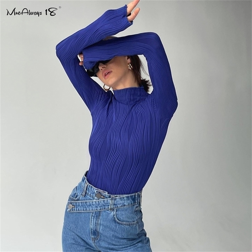 

Mne18 Folds Chic Jersey T-Shirt Blue Turtleneck Tops Winter Inside Casual Bodycon Tee Female Long Sleeve Streetwear 220401