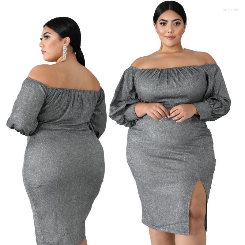 

Plus Size Dresses  5xl 6xl Autumn Sexy Women Natural Regular Slash Neck Polyester Knee-length Dress Jasp22, Gray