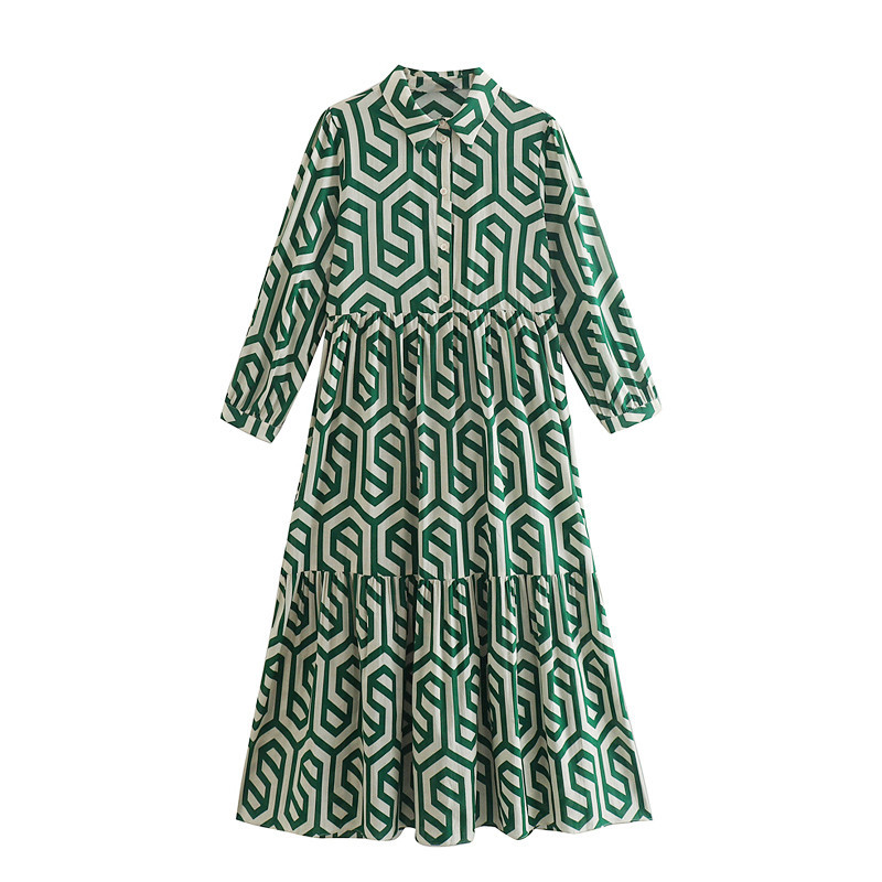 

Women Casual Dresses Long Sleeve Lapel Geometric Print Dress Beach Green Dress -L