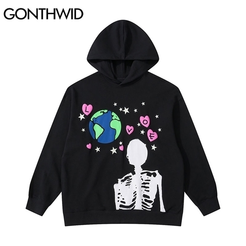 

GONTHWID Hip Hop Hoodie Sweatshirt Streetwear Earth Skeleton Print Punk Gothic Hooded Winter Harajuku Cotton Pullover Black 220402