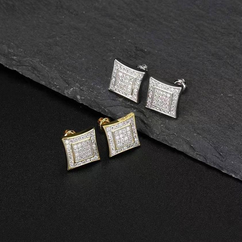 

iced out square stud earrings for men luxury designer mens bling diamond ear studs hip hop 18k gold plated rapper earring jewelry 2461