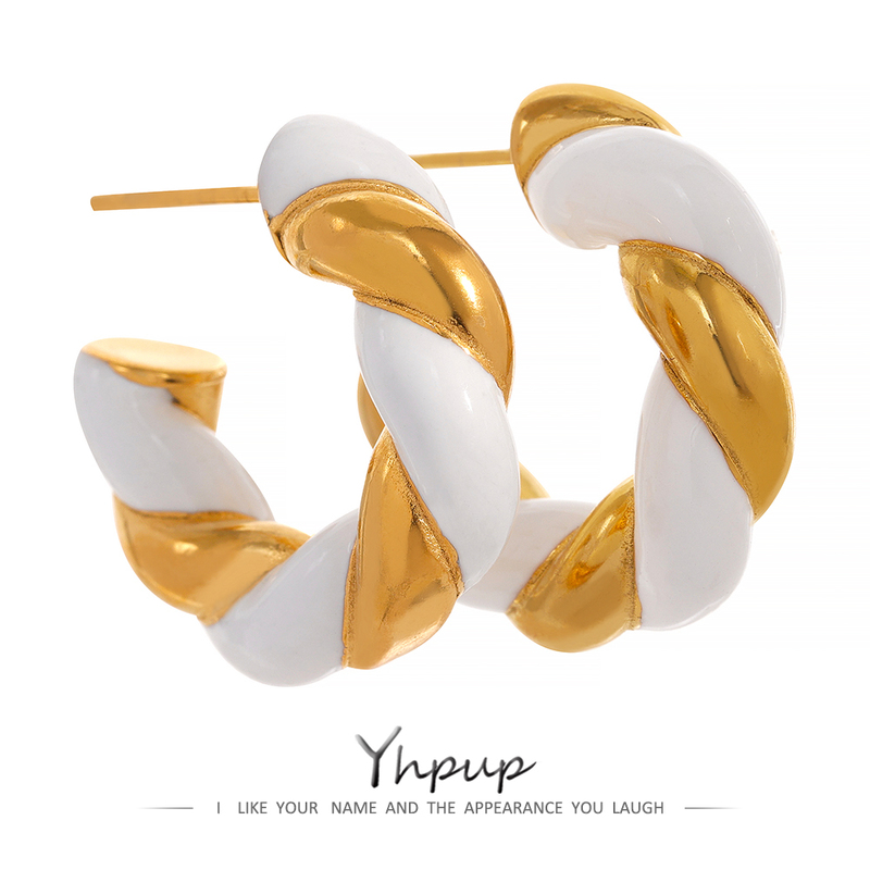 

Yhpup Stainless Steel Twist Enamel Hoop Earrings Temperament Textured 18k gold plated PVD Waterproof Statement Jewelry 220716