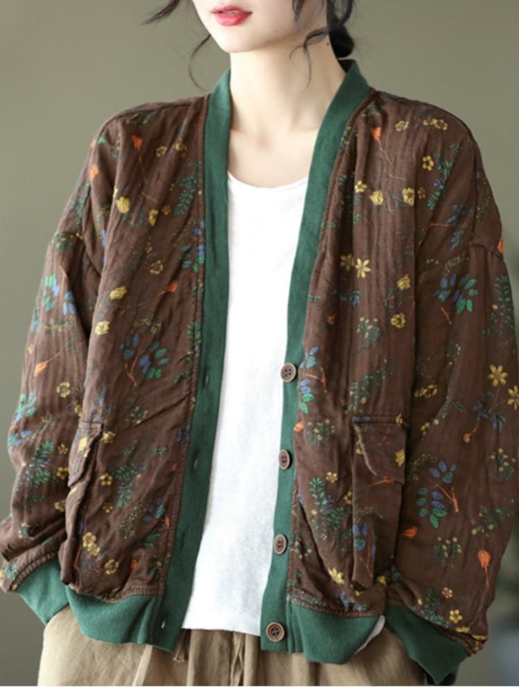 

Women's Jackets Cotton Women Jacket Vitnage Print Floral Autumn Spring Long Sleeve Cardigan Pockets Fashion Loose Outside CoatWomen's, Gray