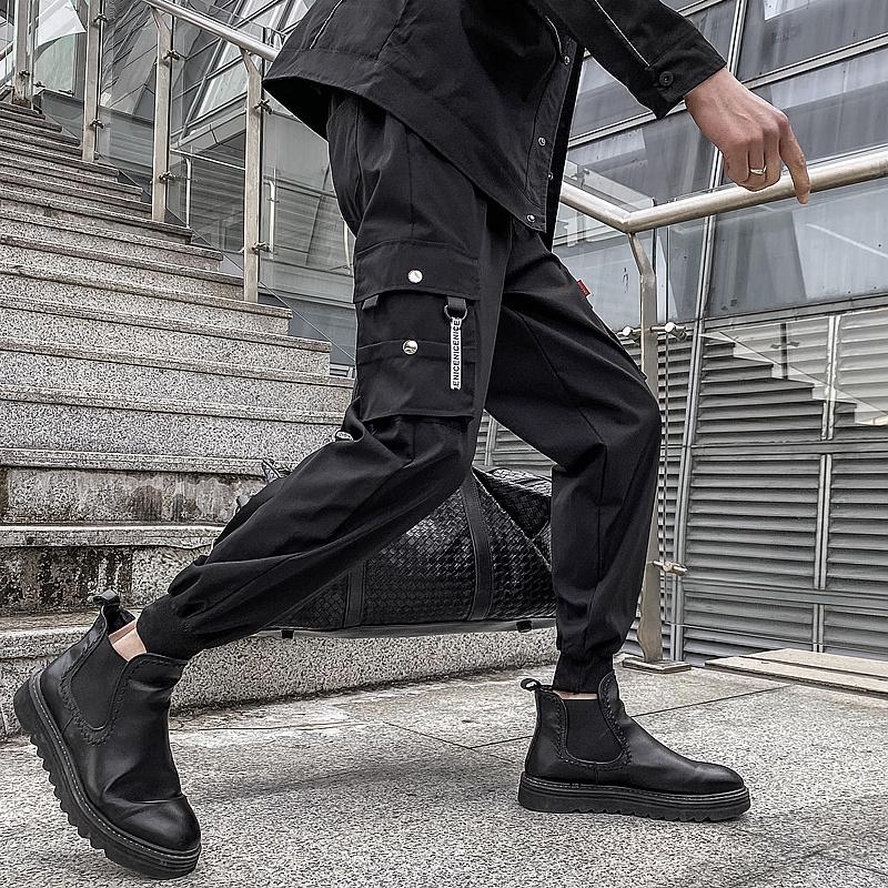

Men's Pants Cargo Men Solid Color Hip Hop Black Loose Casual Jogger Pocket Elastic Waist Ankle Length Trousers Jogging, Beige