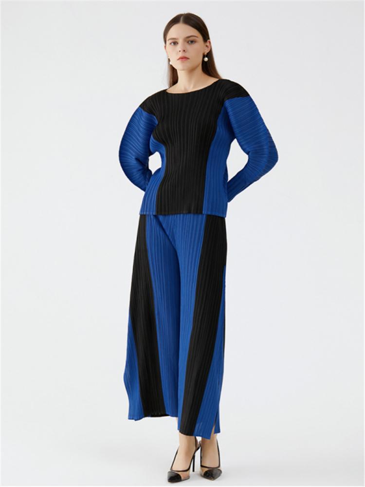 

Women's Tracksuits Miyake Korean Version Of The Contrast Suit Women's Autumn 2022 Fashion Two-piece Long-sleeved Blouse Wide-leg PantsWo, A3