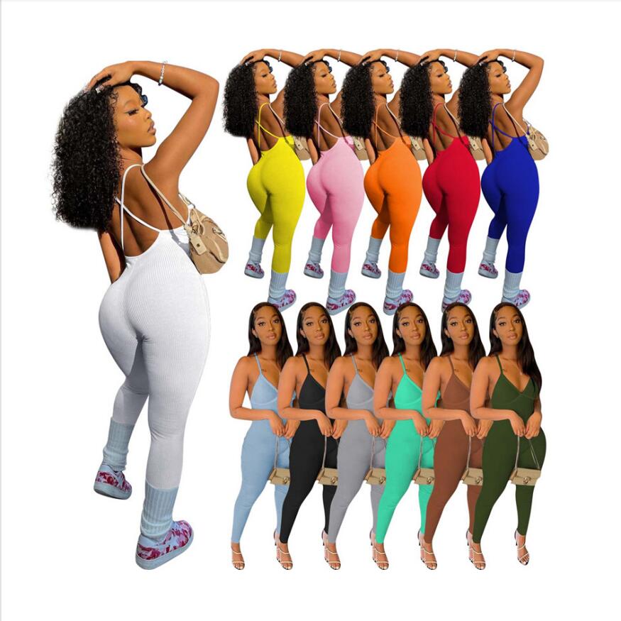 Ribbed Backless Jumpsuits Solid Spaghetti Strap Playsuits Sleeveless Long Rompers Women's Clothing Summer Outfits One Piece Leggings Sexy Skinn