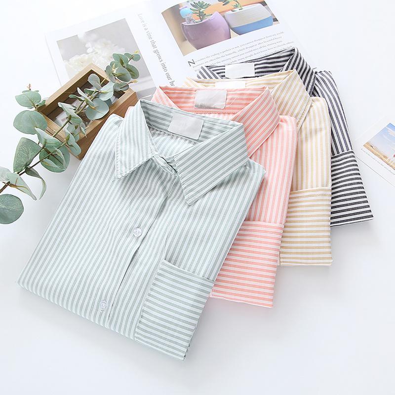 

Women's Blouses & Shirts 2022 Spring Korean Fashion Clothing Black Long Sleeve Striped Shirt Vintage Pink Chiffon Ladies Top Blusas Green 10