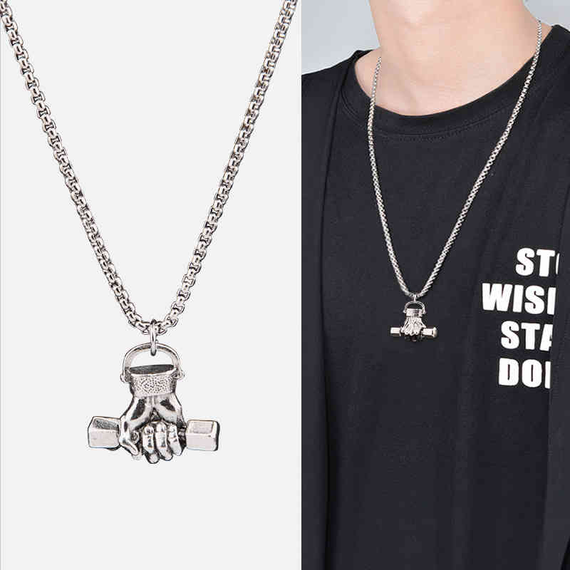 

2021 new fist dumbbell pendant hip hop men's necklace women's sweater chain temperament jewelry student domineering Fashion Pendant