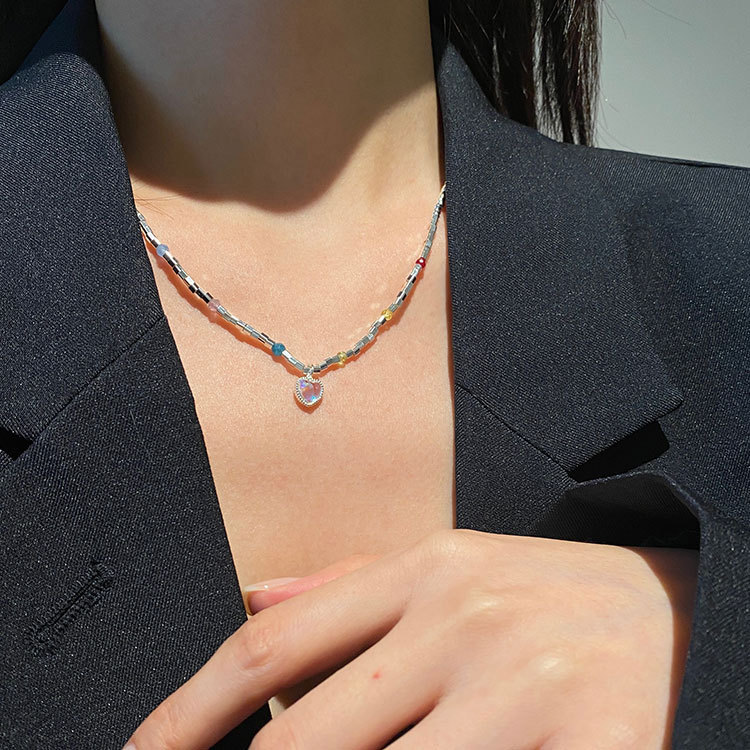 

Not Late S925 Sterling Silver Necklace Love Moonlight Stone Sweater Chain Niche Classic Crystal Bead Chain