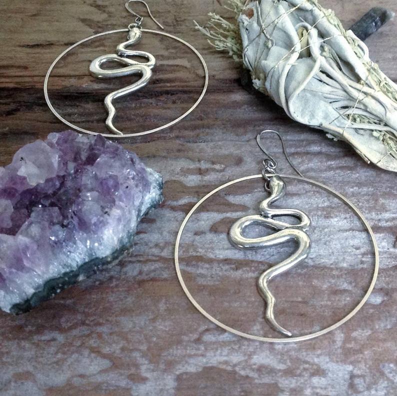 

Dangle & Chandelier Silver Plated-Snake - Hoop Earrings Serpent Goth Gift Gothic Hoops Witchy Goddess Dark StatementDangle