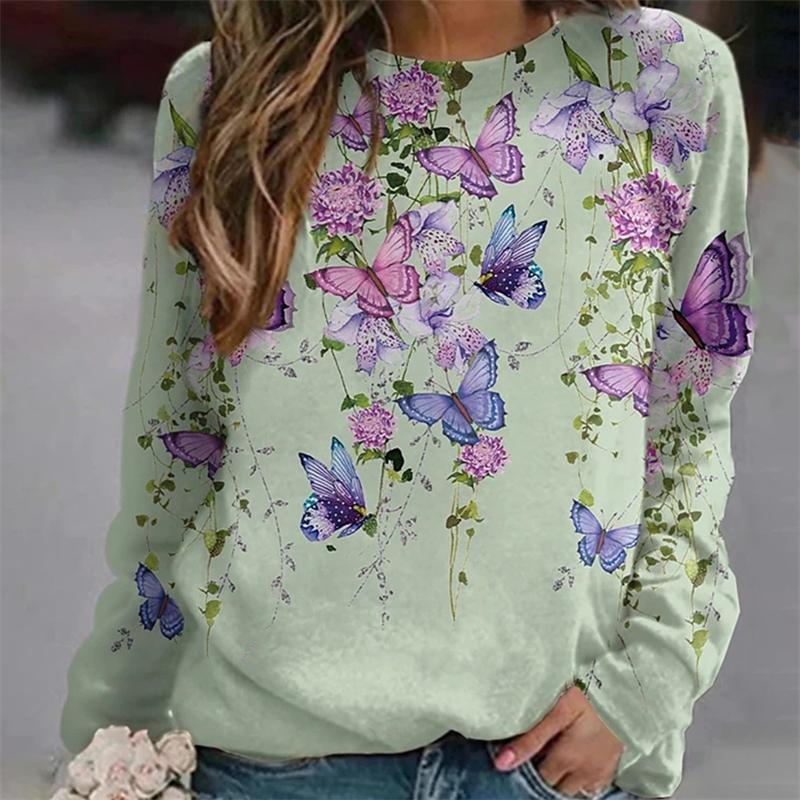

Women' Hoodies & Sweatshirts Women Sweatshirt Winter Round Neck Floral Butterfly Print Lady Tops Casual Long Sleeve Loose Outdoor Woman Clo, Green