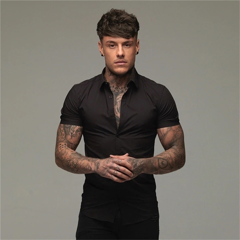 

Summer Fashion Slim Fit Button Short Sleeve Shirts Men Casual Sportswear Dress Shirt Male Hipster Tops Fitness Clothing 220614, White