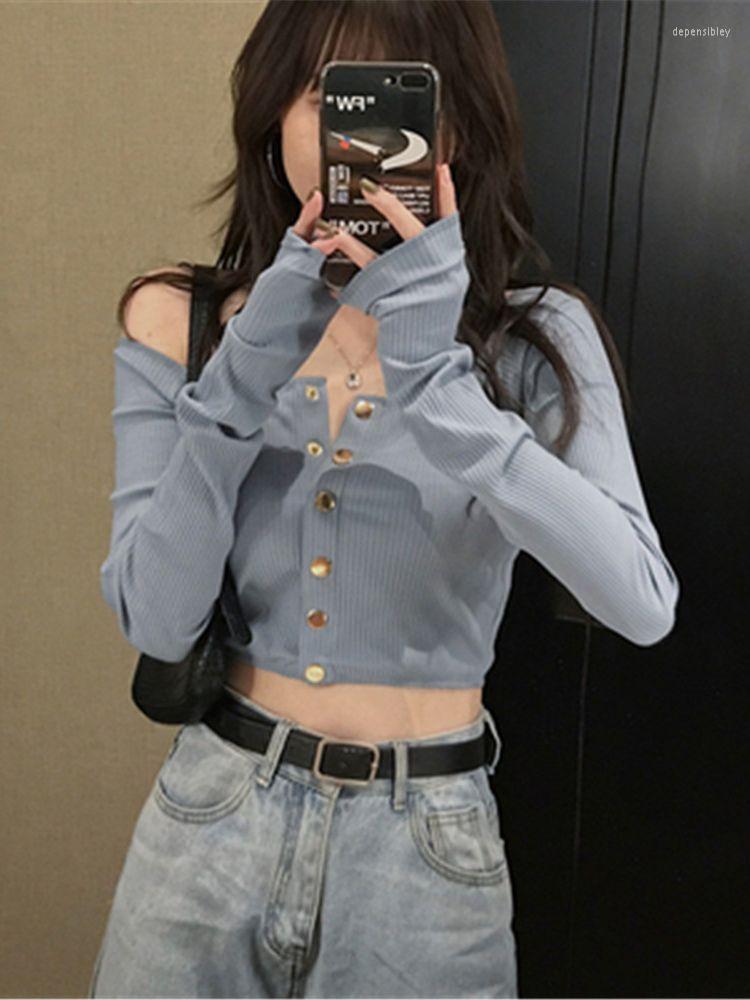 

Women's Knits & Tees Fashion Long Sleeve Cardigans Women Korean Style Leisure Slim Female Cropped Tops All-match Slash Neck Sexy Single Brea, Black