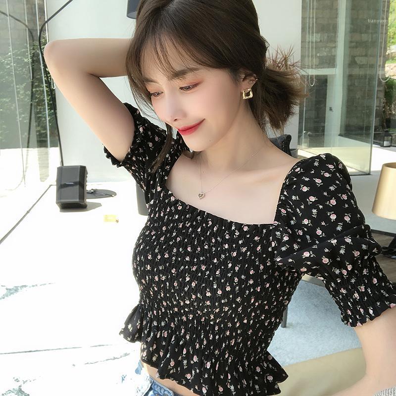 

Women' Blouses & Shirts French Retro Foam Sleeve Pleated Square Collar Top With Broken Collarbone And Flower Chiffon Blouse Short Hea, Black