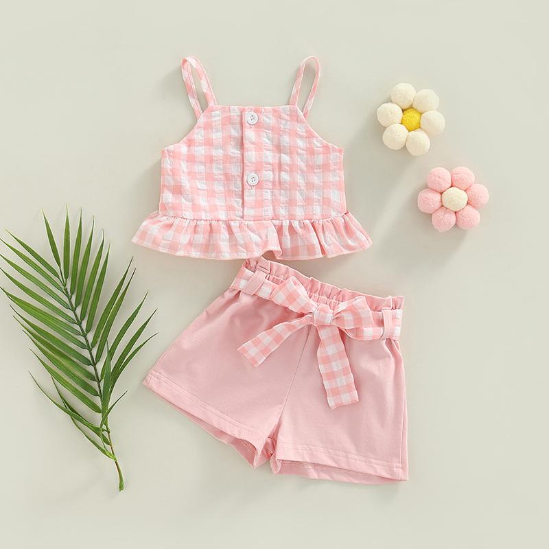 

Clothing Sets Infant Baby Girls Lovely Clothes 0-18M Plaid Printed Sleeveless Single Breasted Vest Shorts With BeltClothing, As pic