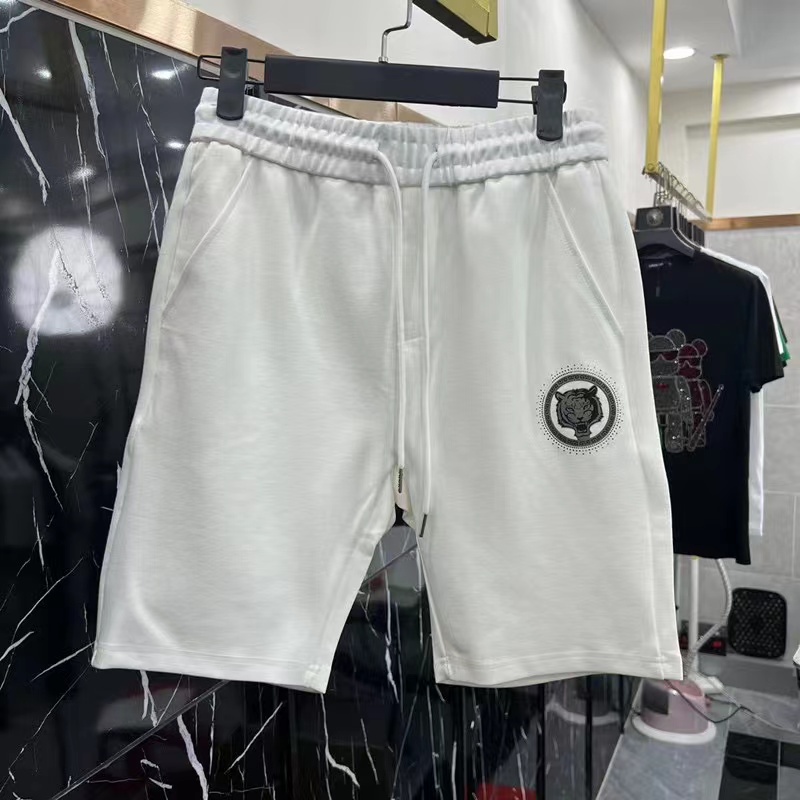 2022 Summer New Men's Shorts Pants Man Tiger Head Hot Rhinestone Casual Cropped Trousers Loose Sweatpants Male Cotton Midpants Black White M