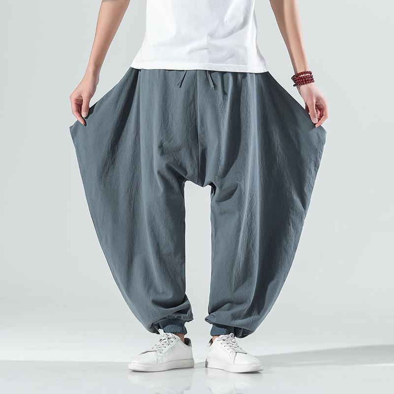 

Men's Pants Cotton Harem Men Japanese Loose Joggers Trousers Mans Wide Leg Baggy, Black