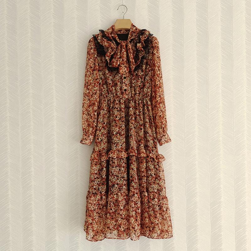 Casual Dresses Ruffles Lace Patchwork Bow Ball Gown Dress Spring Full Sleeves Flower Print Elegant Maxi Party Vacation Long