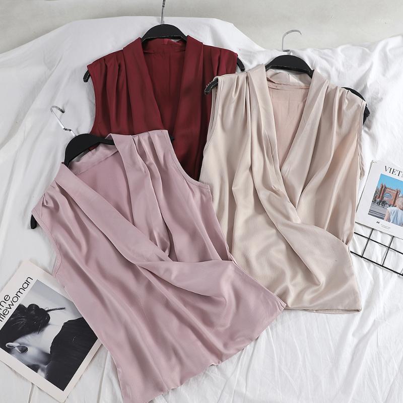 

Women's Blouses & Shirts Elegant 2022 Women Spring Summer V-neck Shirt Casual Solid Color Slim Chiffon Pullover Sleeveless Satin Silk Blouse, Women shirt