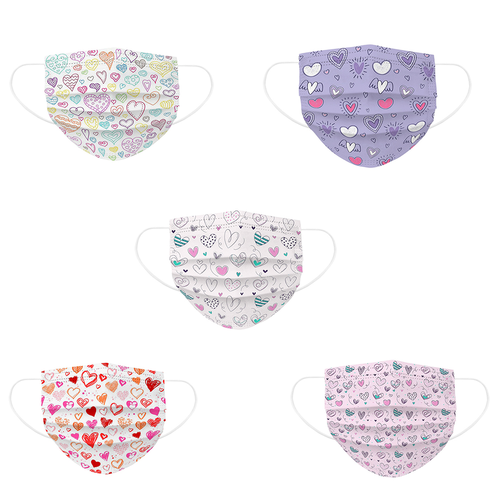 

Breathable Heart Pattern Disposable Face Mask 3-Layer with Elastic Earloop and Nose Bridge Clip For Child Kids Daily Use
