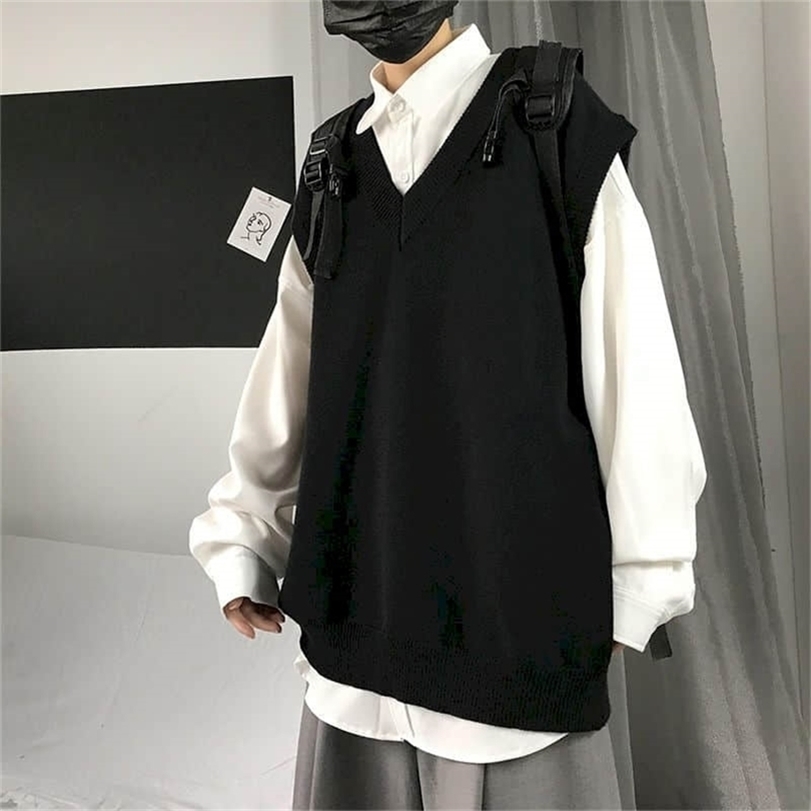

Men Sweater Vest Autumn Solid Color Knitted Male Korean Style Trend Loose Vneck Sleeveless Waistcoat Vest Sweater College Style 220811