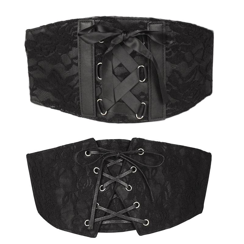

Belts Q39C Women Elastic Stretch Wide Corset Band Waspie Gothic Punk Vintage Criss-Cross Lace-Up Tied Black Waist Cincher Lace Belt