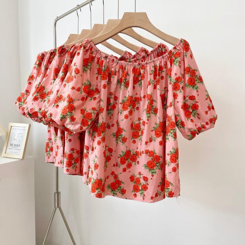 

Women's Blouses & Shirts Fashion Women 2022 Summer Slash Neck Sexy Female Short Sleeve Elegant Korean Causal Loose Print Tops WB100, As picture