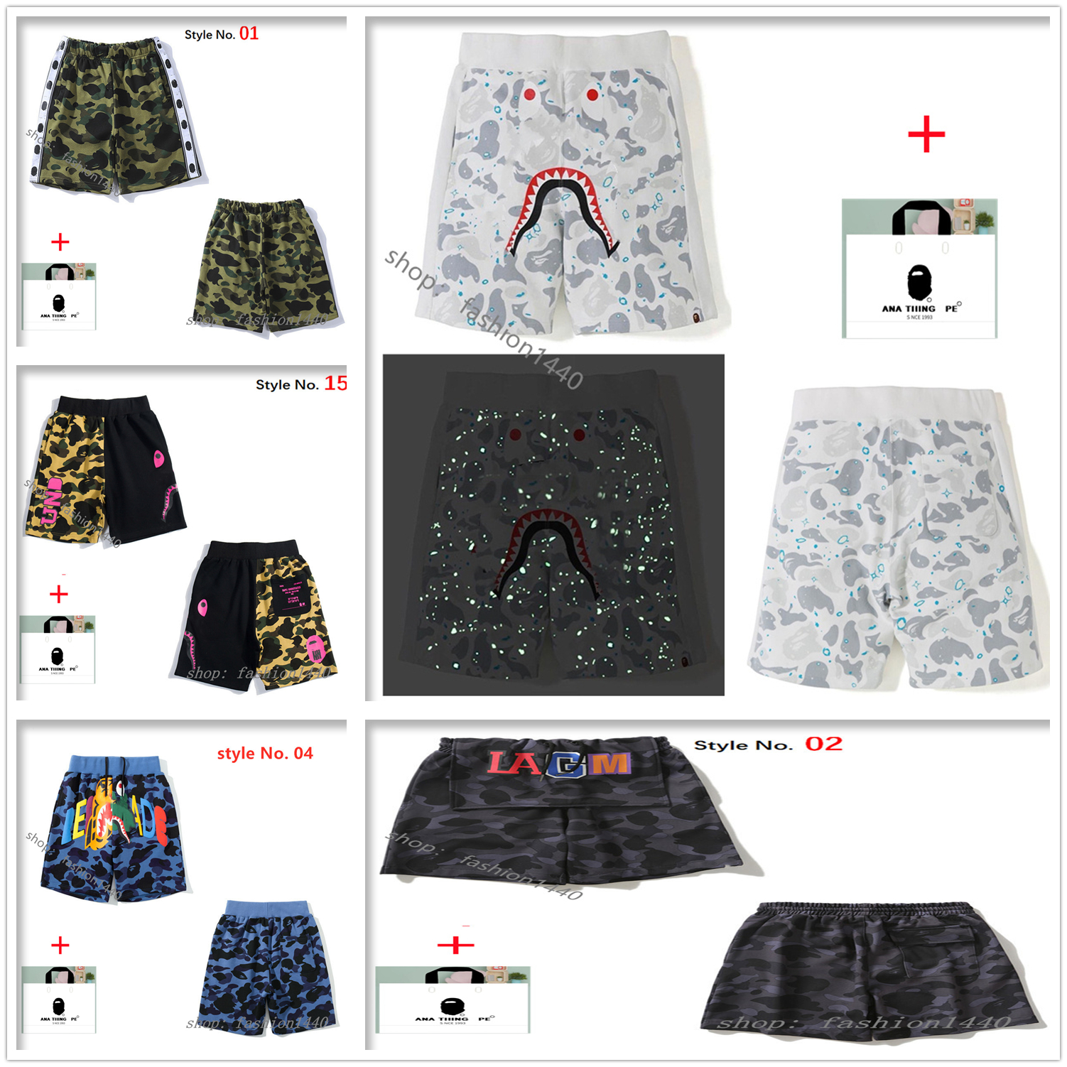 

Apes men shorts quick-drying Tech Fleece Men's swimming camouflage Luminous Shark Head beach striped casual pants Bring tote bag A101, 1pcs button