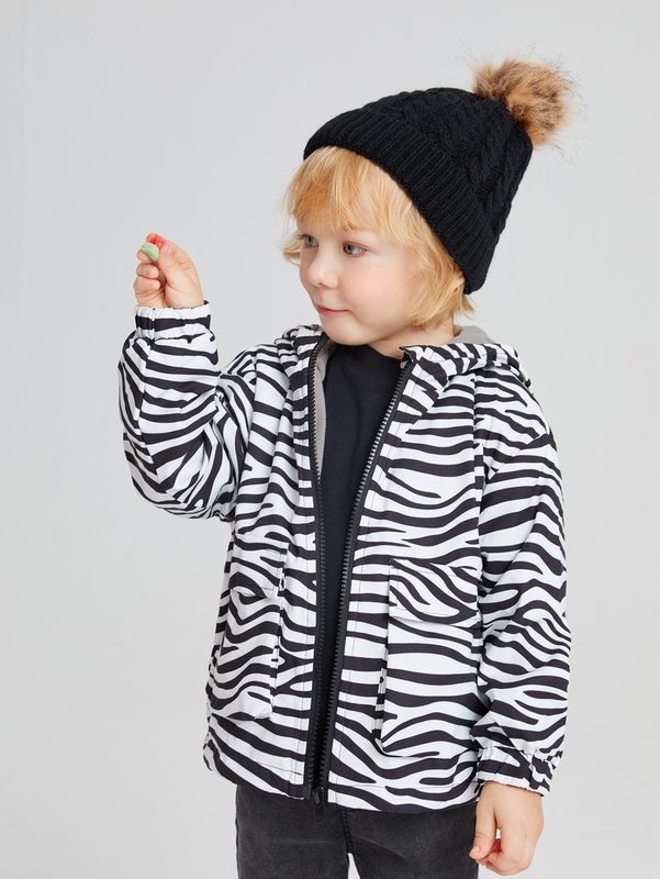 

Toddler Boys Zebra Striped Teddy Lined Hooded Jacket SHE, Black and white