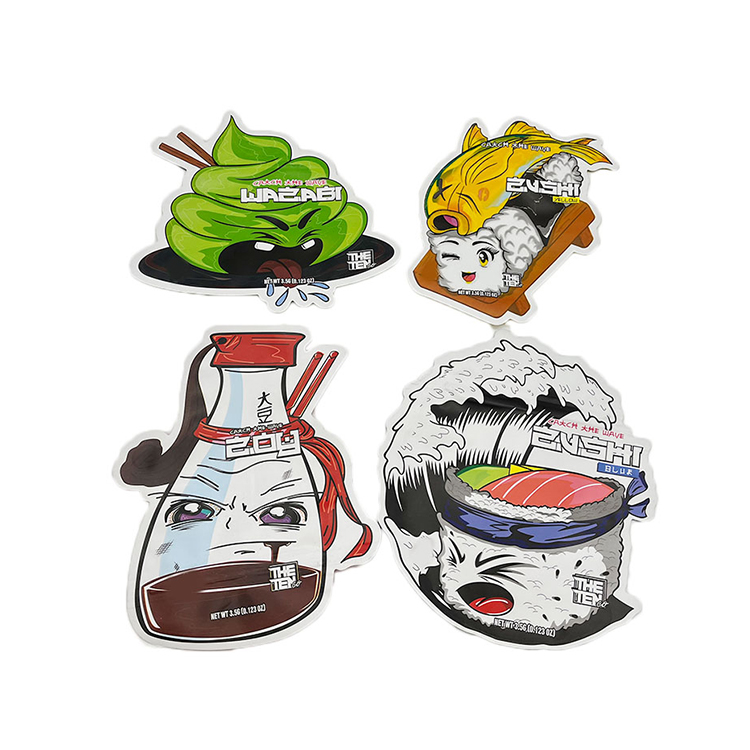 

Zushi edible plastic die cut bags 3.5 g stand up pouch food packaging with child proof zipper wasabi soy Blue Red Green Yellow
