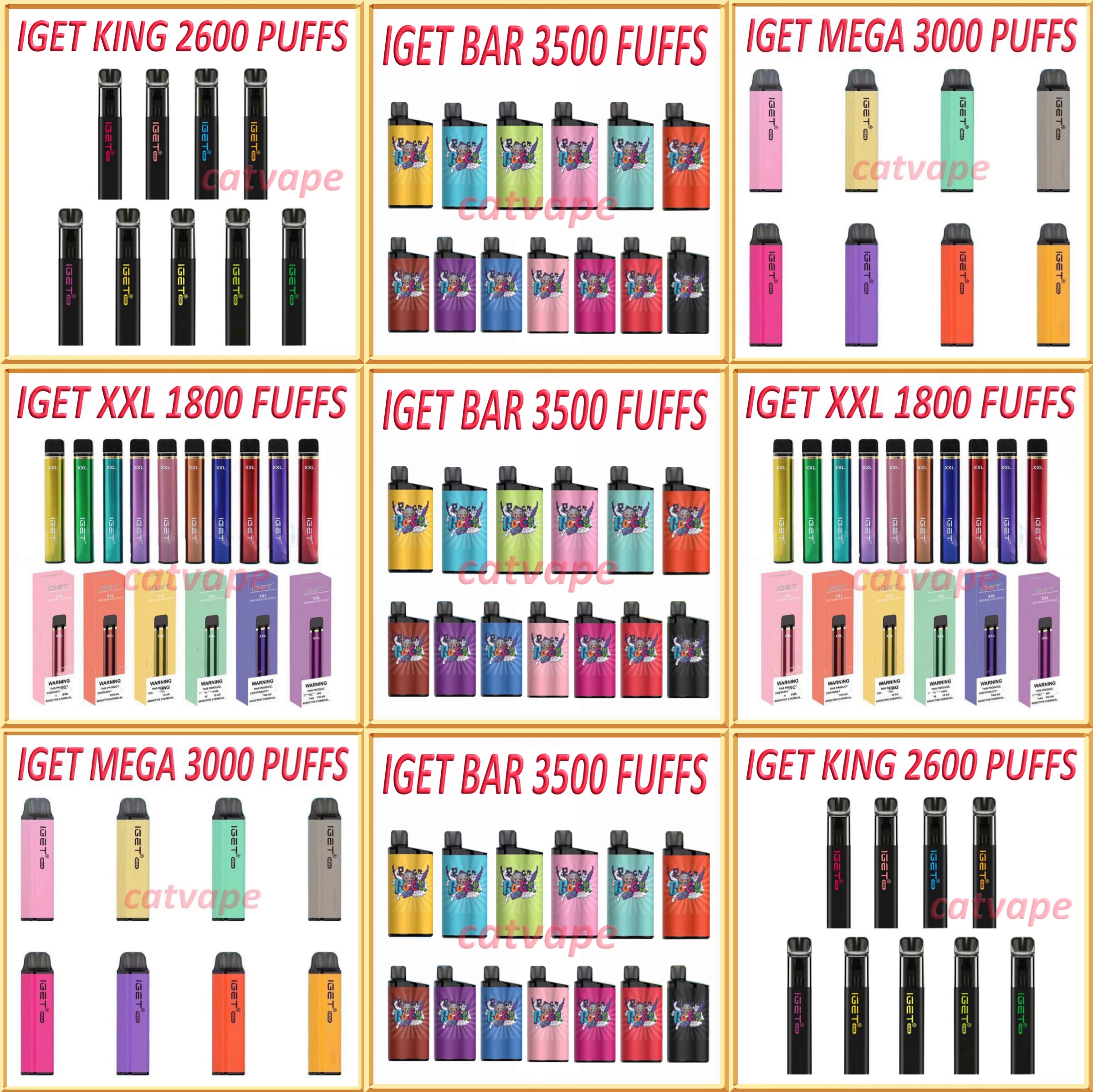 

100 Original Iget King Bar Mega XXL Disposable Vape Pen E Cigarette Igets Vapes 2600 3000 1800 3500 puffs Device Kit 5% 7ml Prefilled 1500mAh Battery