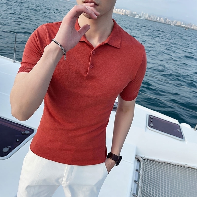 

12Colors Plus Size 4XL-M Fashion Summer Short Sleeve Polo Shirts Men Clothing Ice Silk Slim Fit Casual Knit Tee Shirt Homme 220402, Camel